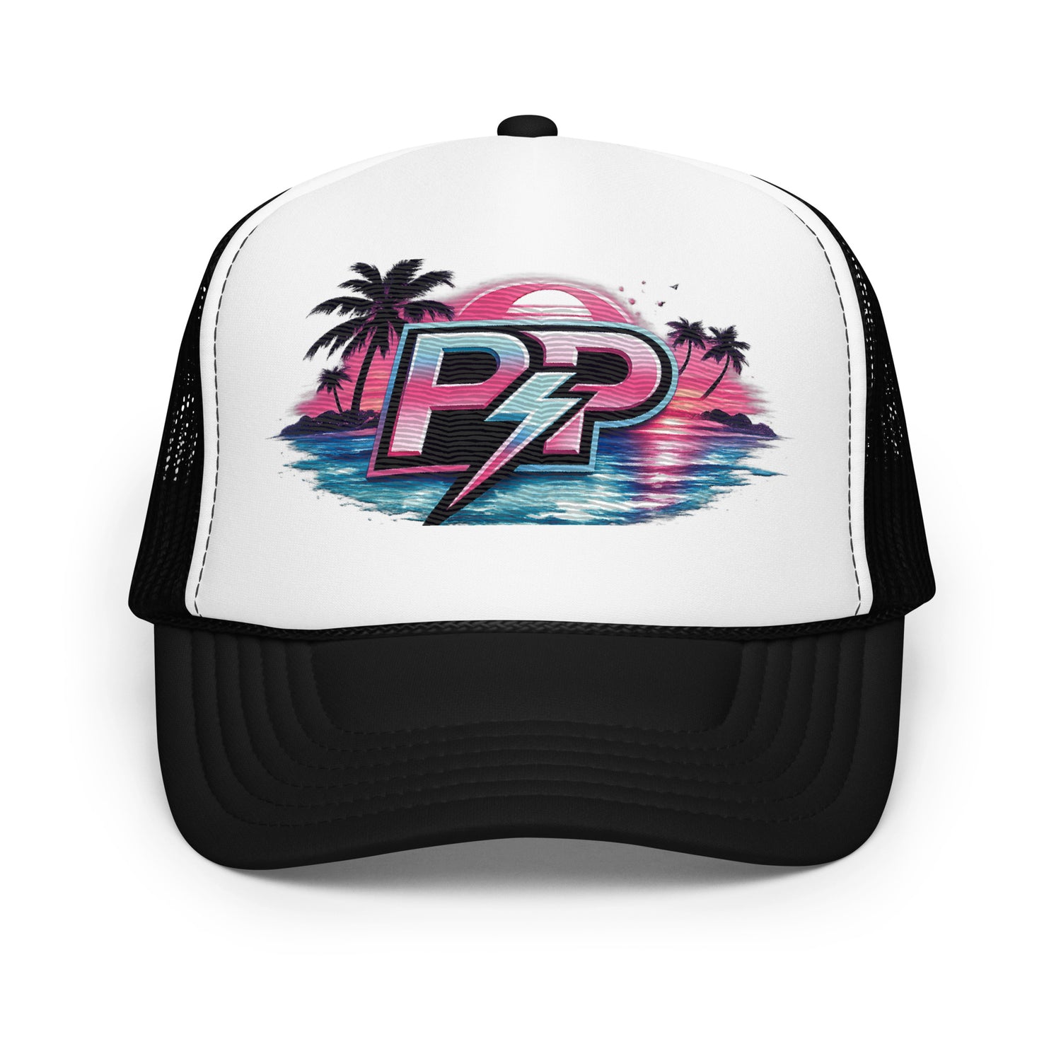 Front view of the Pour Pressure Coffee Culture Foam Trucker Hat in black and white