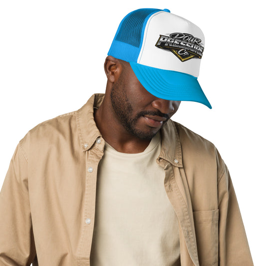 Front and side view of the Signature Coffee Brand Trucker Hat in Black and White