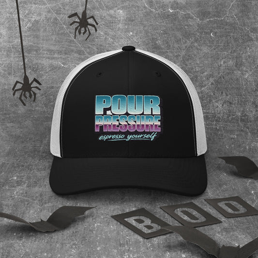 Front and side view of the Vintage Mesh Coffee Culture Hat in Navy and White