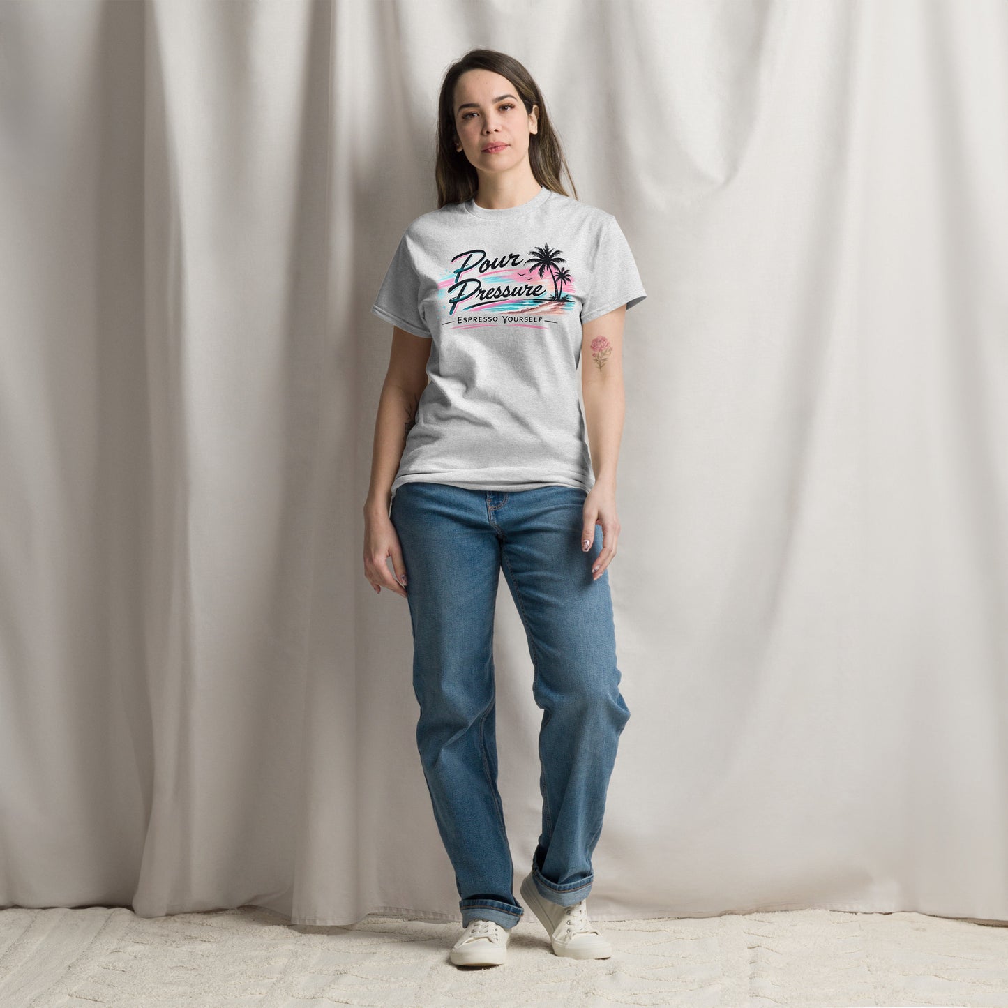 Front and back view of the Coffee Streetwear Unisex Classic Tee in Light Pink