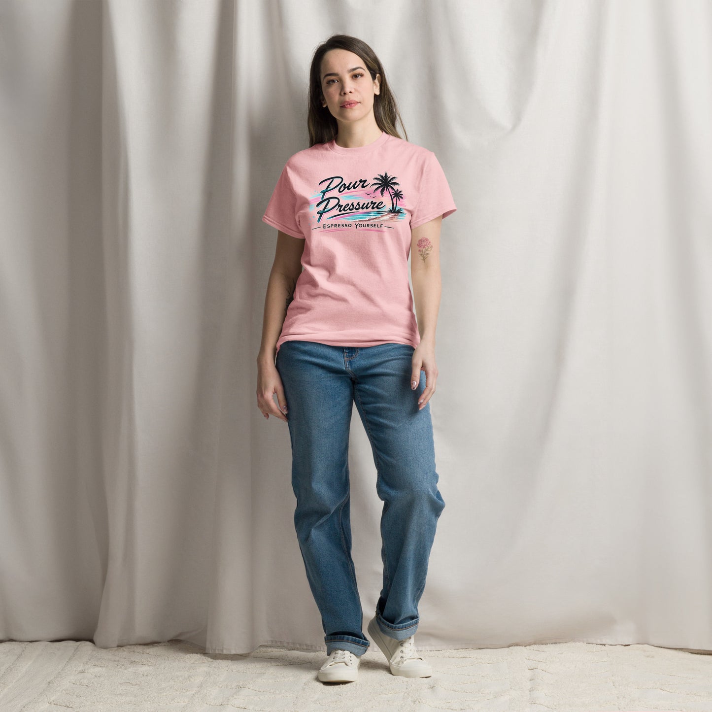 Front and back view of the Coffee Streetwear Unisex Classic Tee in Light Pink