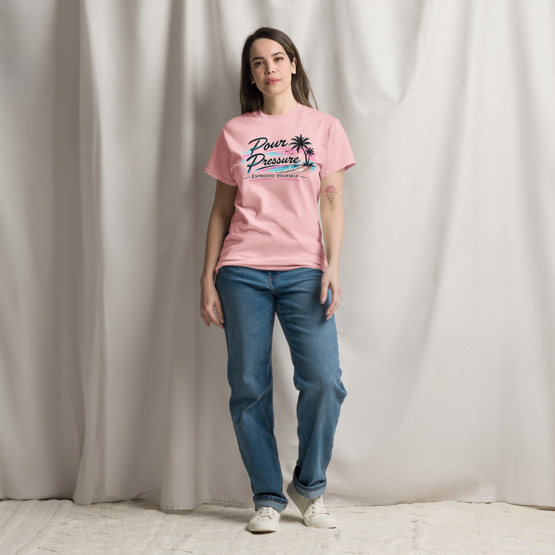Front and back view of the Coffee Streetwear Unisex Classic Tee in Light Pink