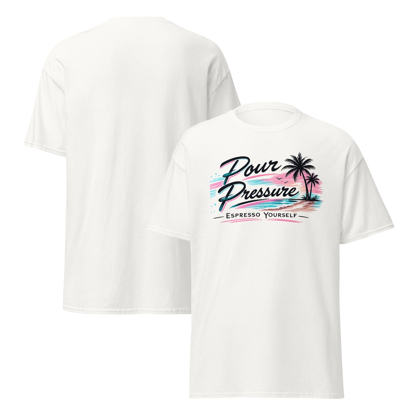 Front and back view of the Coffee Streetwear Unisex Classic Tee in Light Pink